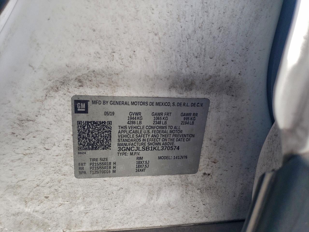 2019 Chevrolet Trax 1Lt VIN: 3GNCJLSB1KL370574 Lot: 94121975