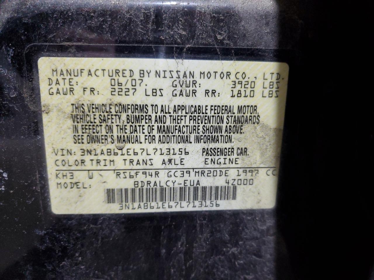 2007 Nissan Sentra 2.0 VIN: 3N1AB61E67L713156 Lot: 92887325