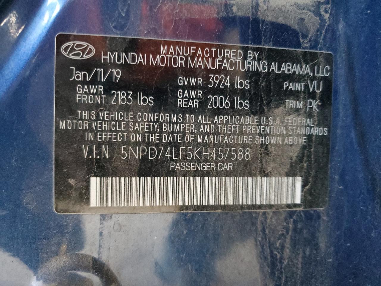 2019 Hyundai Elantra Se VIN: 5NPD74LF5KH457588 Lot: 93182685