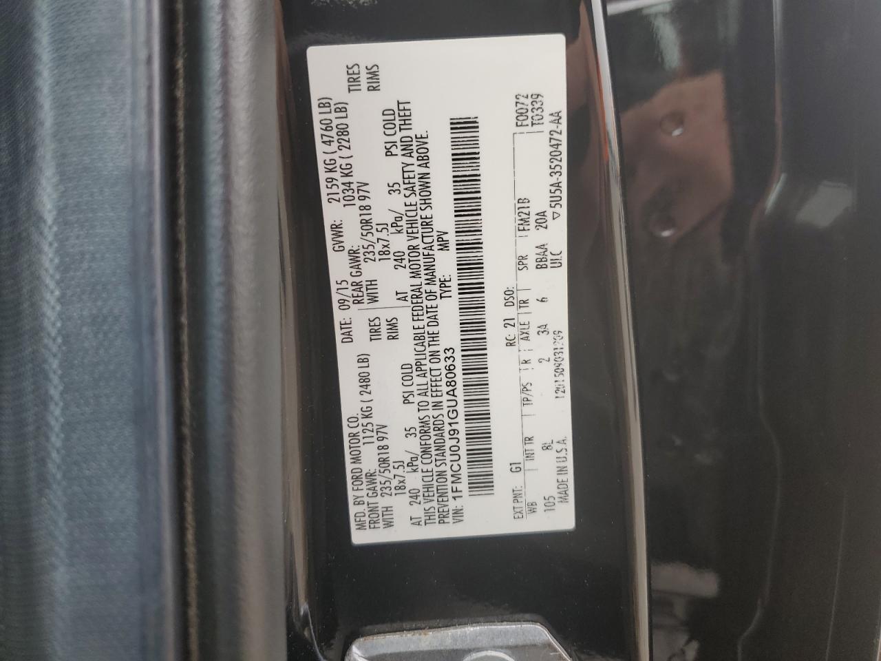 2016 Ford Escape Titanium VIN: 1FMCU0J91GUA80633 Lot: 93676775