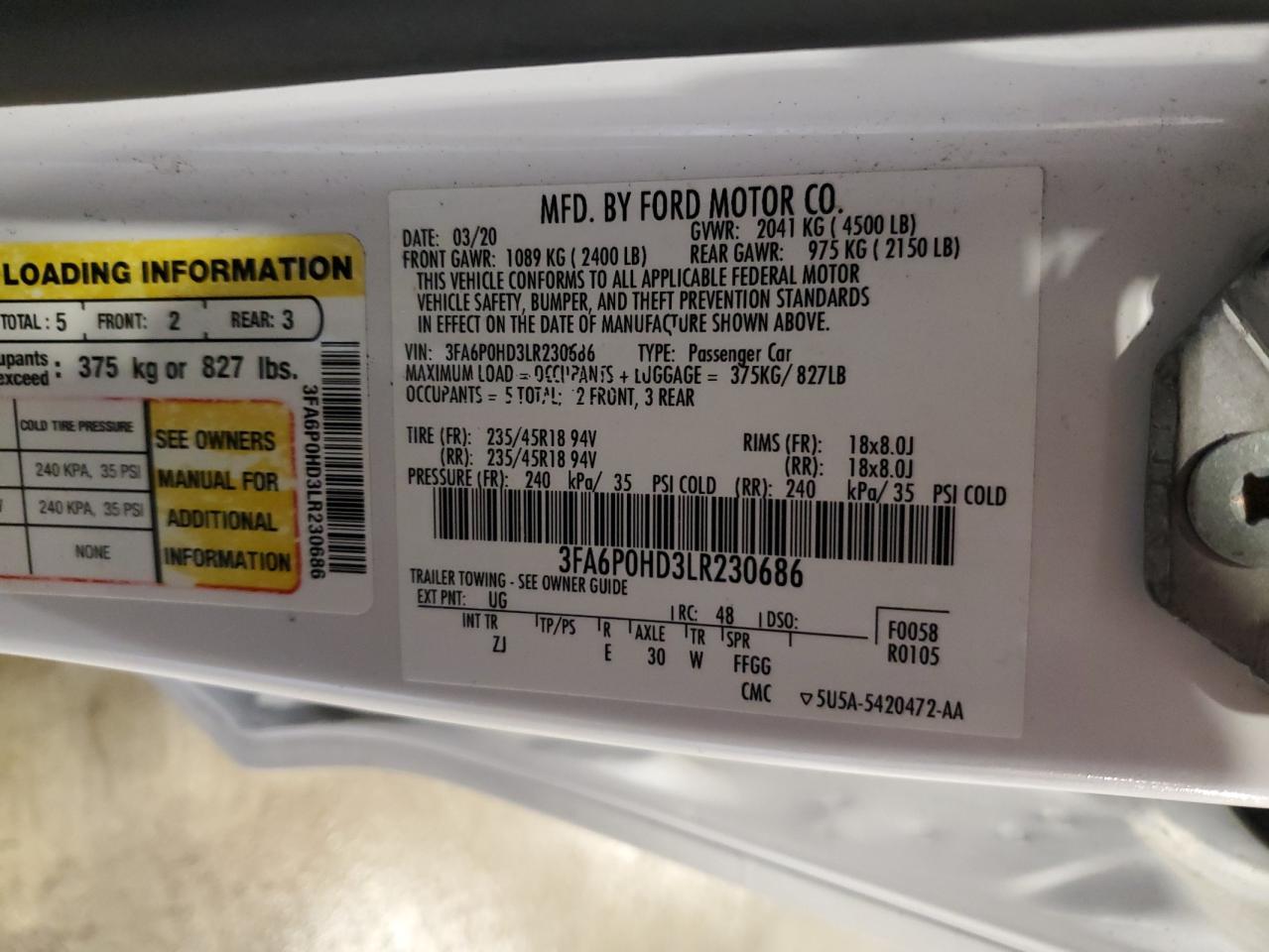 2020 Ford Fusion Se VIN: 3FA6P0HD3LR230686 Lot: 93750425