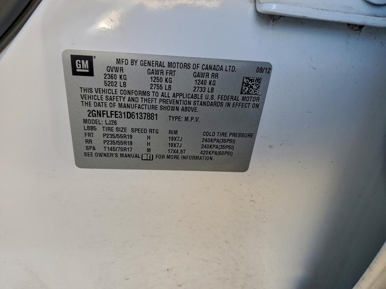 2013 Chevrolet Equinox Ltz VIN: 2GNFLFE31D6137881 Lot: 94547325