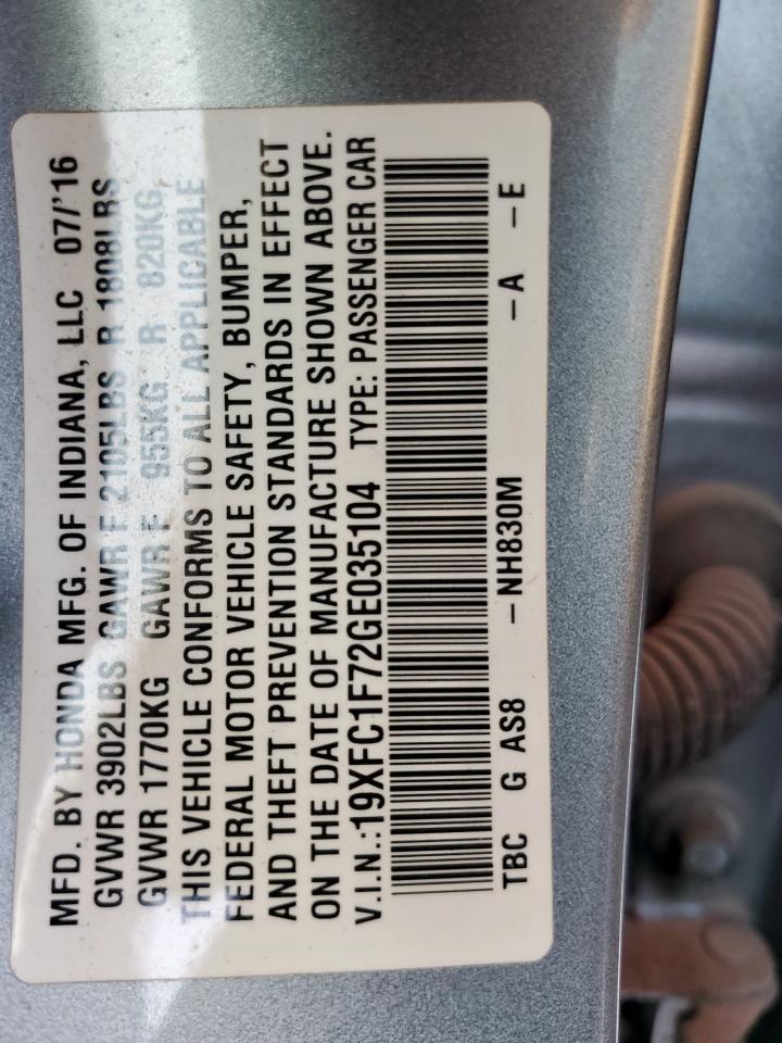 2016 Honda Civic Exl VIN: 19XFC1F72GE035104 Lot: 92281465