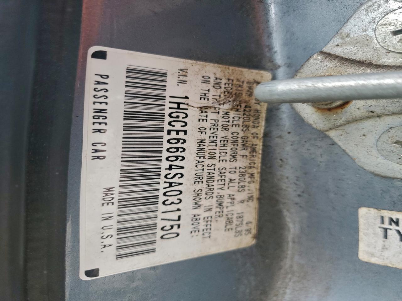 1995 Honda Accord Ex VIN: 1HGCE6664SA031750 Lot: 93781345