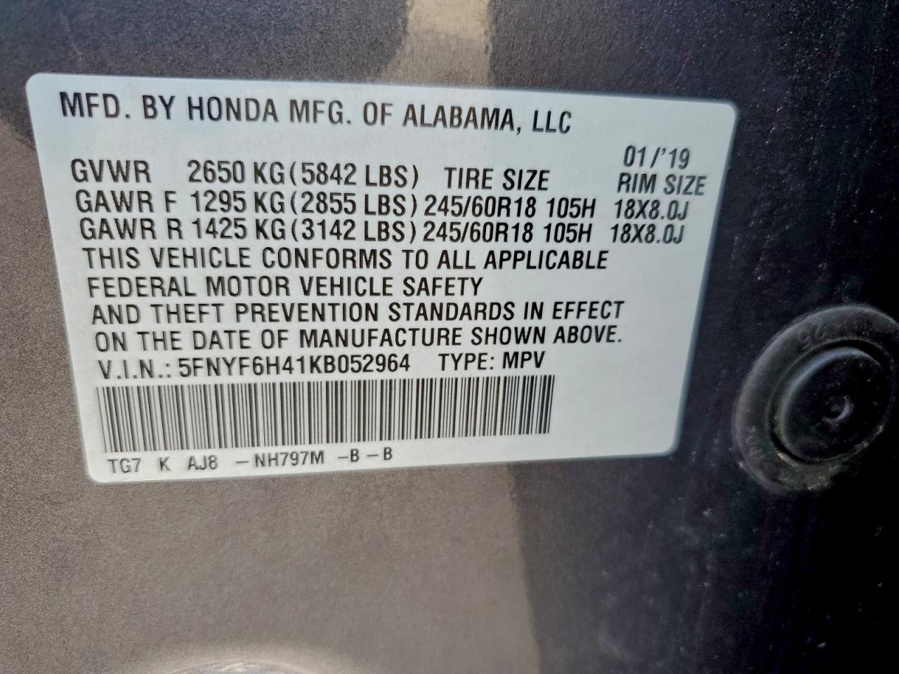 2019 Honda Pilot Exl VIN: 5FNYF6H41KB052964 Lot: 94457975
