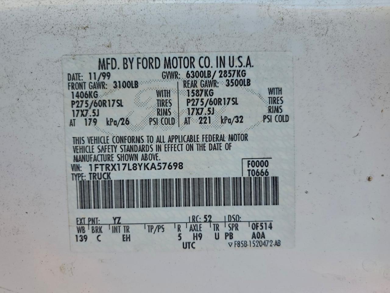 2000 Ford F150 VIN: 1FTRX17L8YKA57698 Lot: 94290215