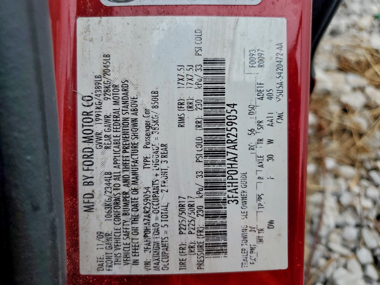 2010 Ford Fusion Se VIN: 3FAHP0HA7AR259054 Lot: 93187775