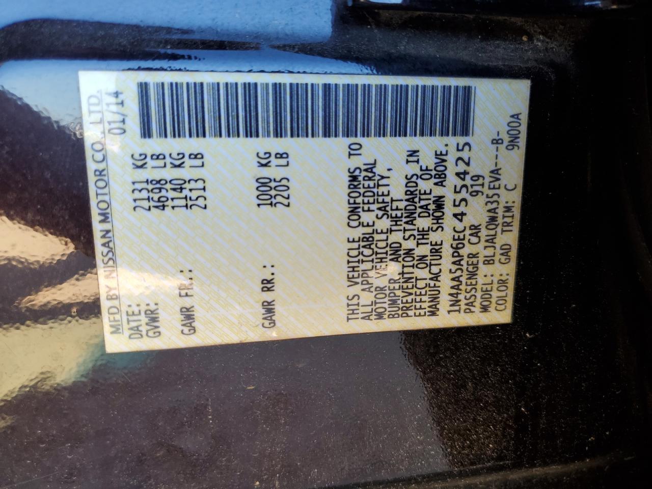 2014 Nissan Maxima S VIN: 1N4AA5AP6EC455425 Lot: 90953045