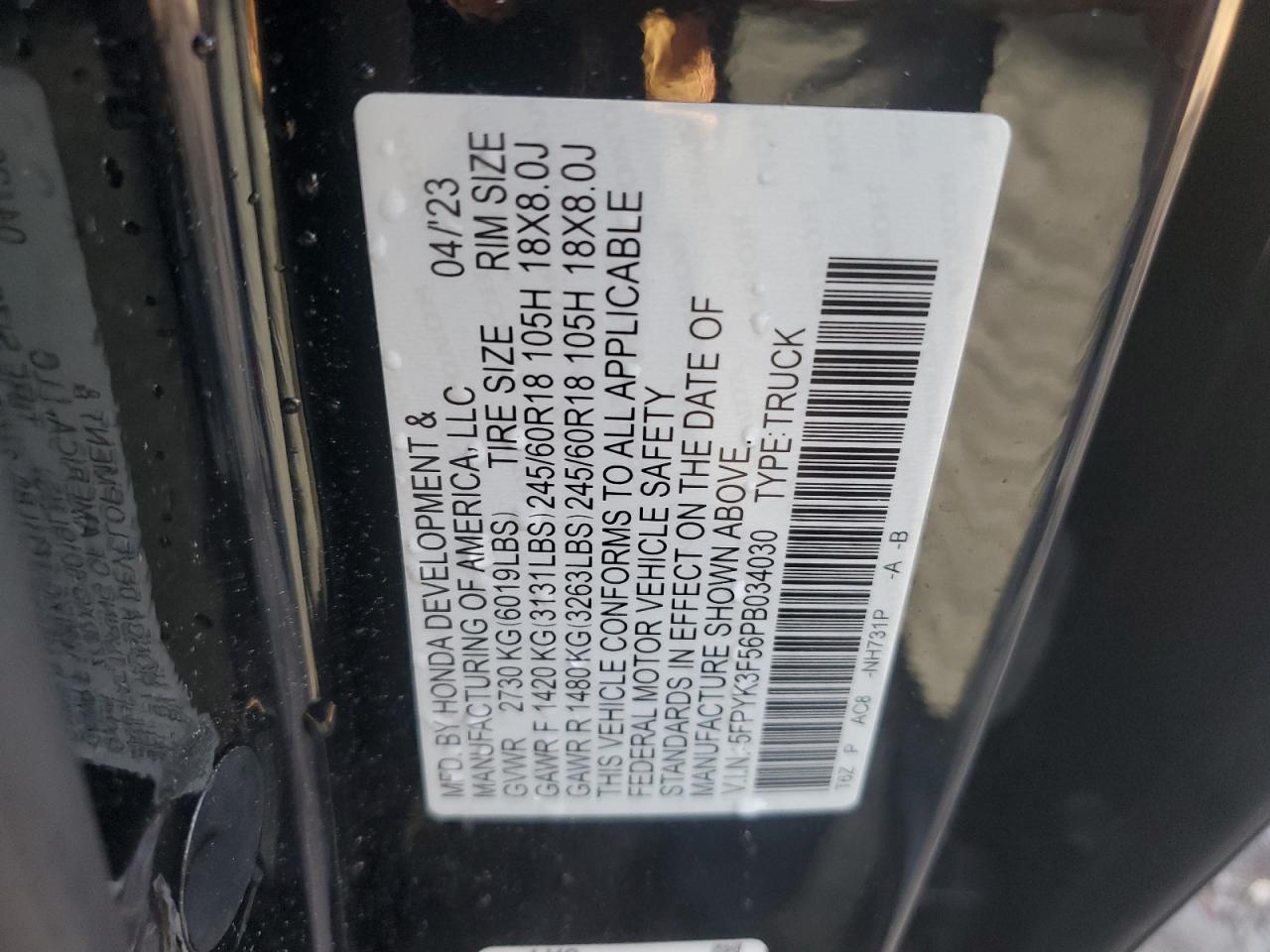 2023 Honda Ridgeline Rtl VIN: 5FPYK3F56PB034030 Lot: 93406505