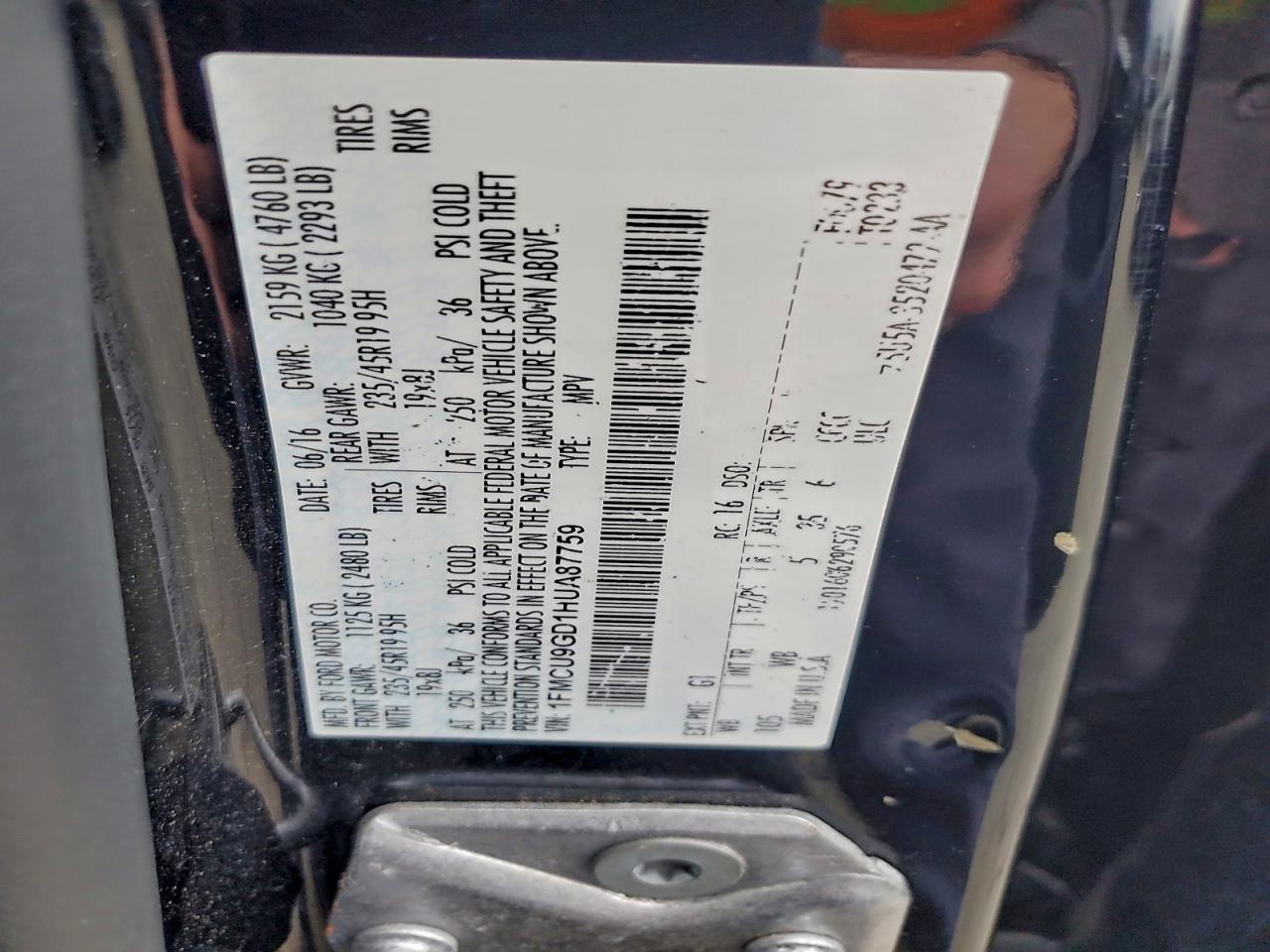 2017 Ford Escape Se VIN: 1FMCU9GD1HUA87759 Lot: 93507755