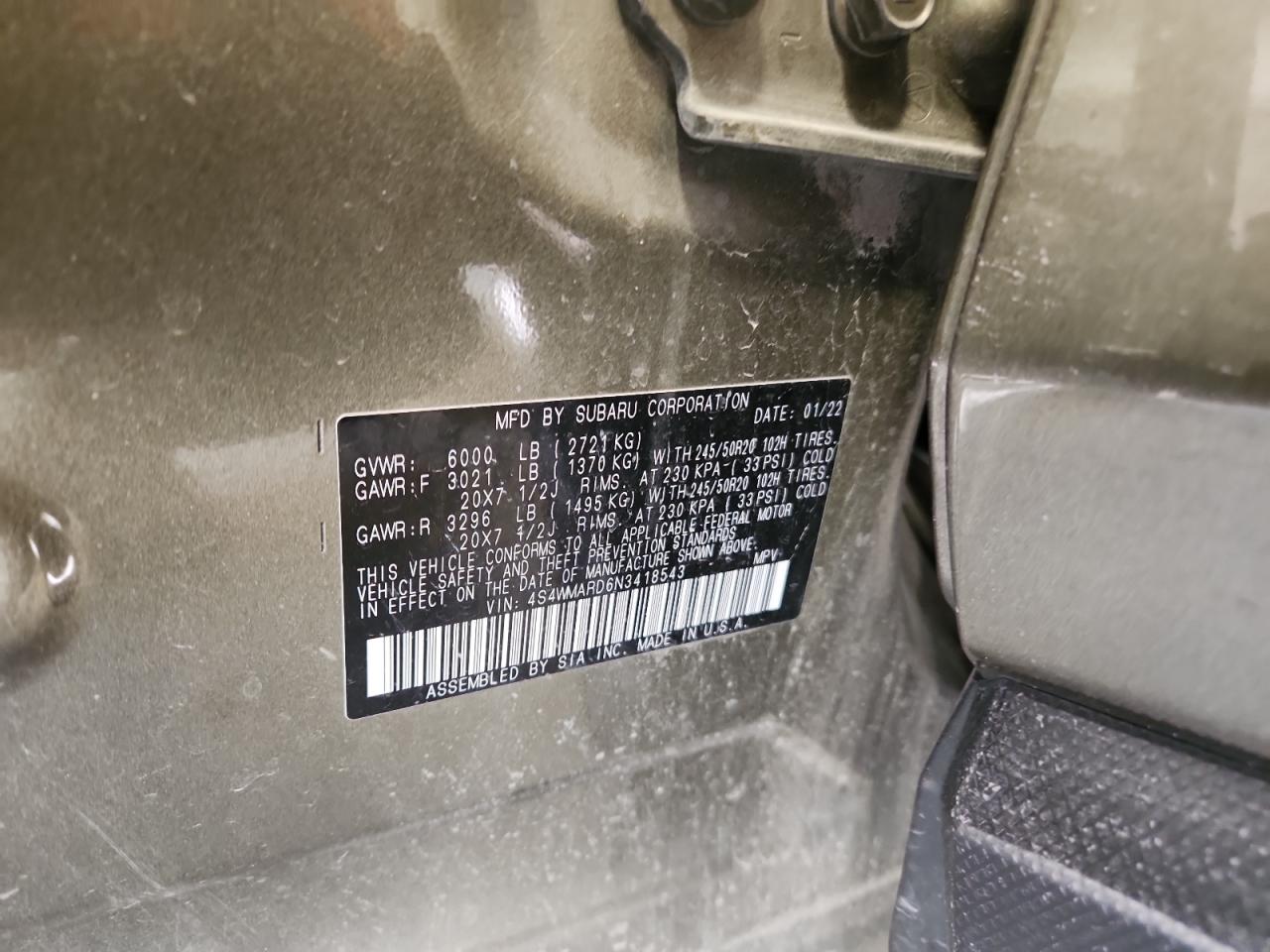 2022 Subaru Ascent Touring VIN: 4S4WMARD6N3418543 Lot: 92638885