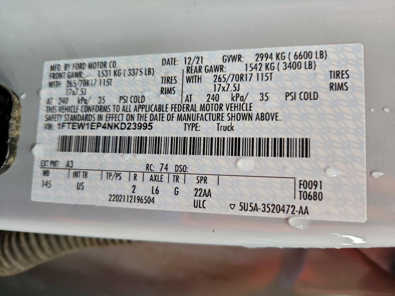 2022 Ford F150 Supercrew VIN: 1FTEW1EP4NKD23995 Lot: 94578135