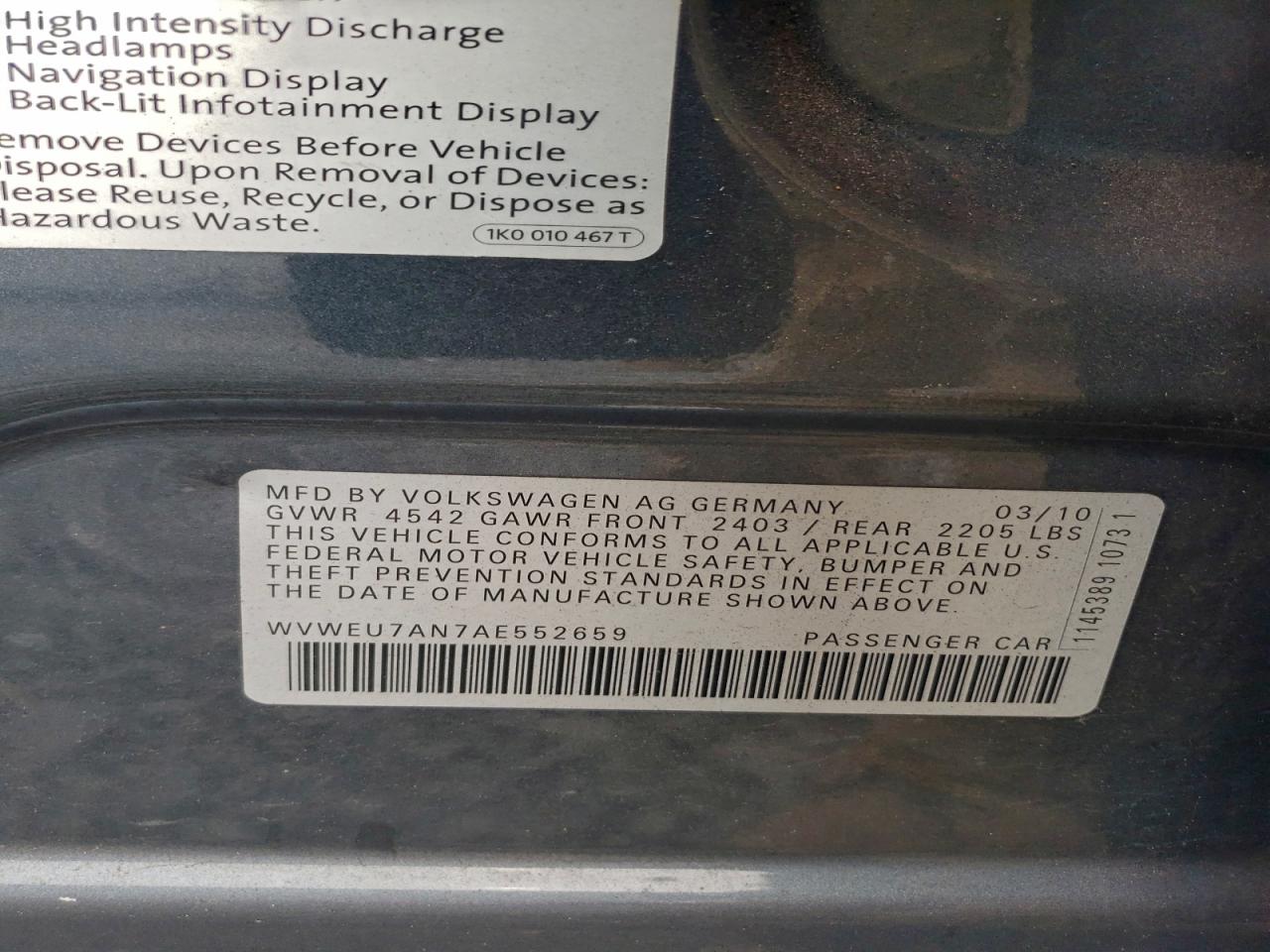 2010 Volkswagen Cc Vr6 VIN: WVWEU7AN7AE552659 Lot: 94046625