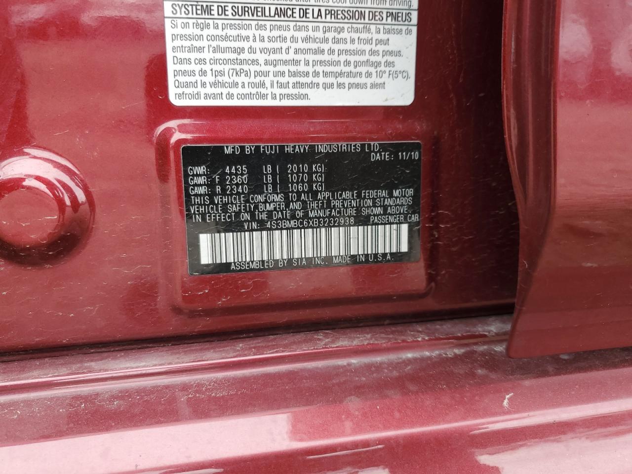 2011 Subaru Legacy 2.5I Premium VIN: 4S3BMBC6XB3232938 Lot: 90996605