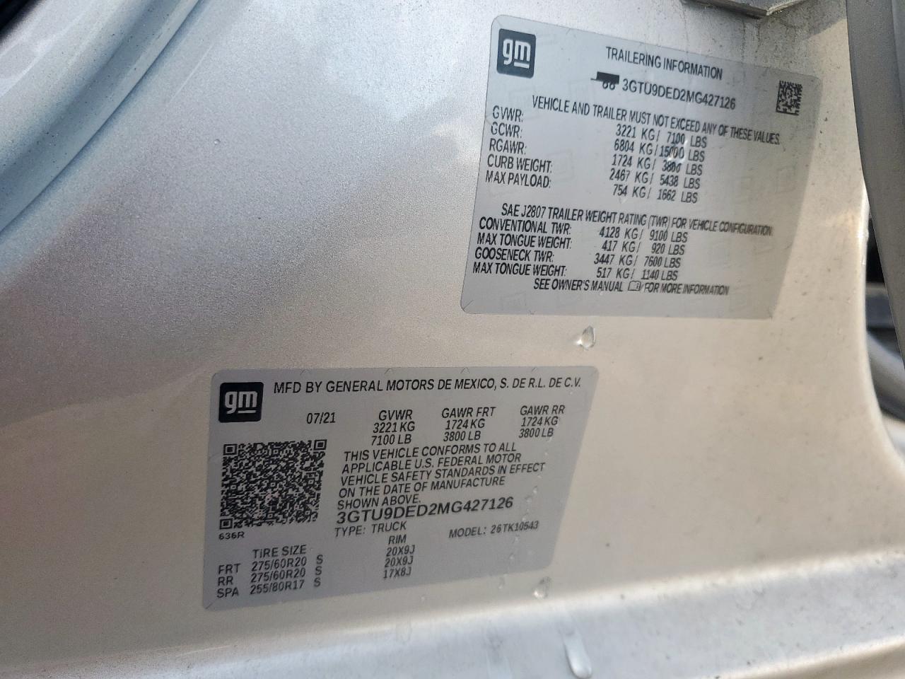 2021 GMC Sierra K1500 Slt VIN: 3GTU9DED2MG427126 Lot: 91922765