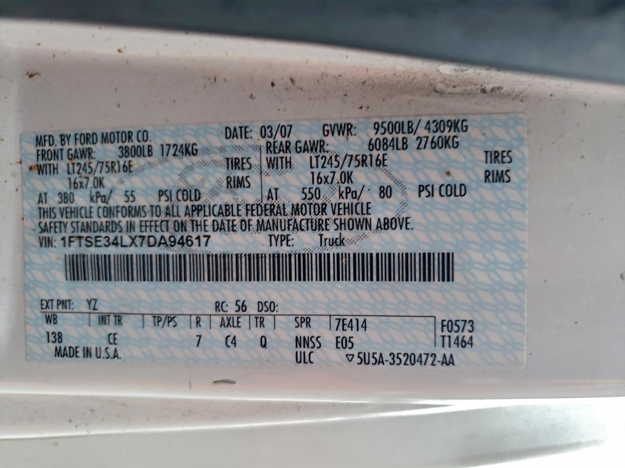 2007 Ford Econoline E350 Super Duty Van VIN: 1FTSE34LX7DA94617 Lot: 93381885