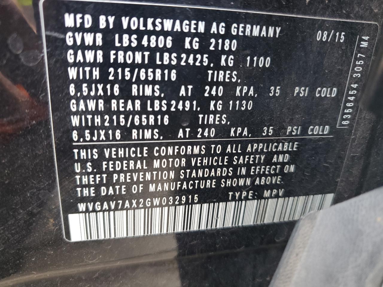 2016 Volkswagen Tiguan S VIN: WVGAV7AX2GW032915 Lot: 91558705