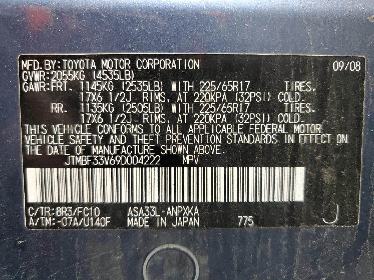 2009 Toyota Rav4 VIN: JTMBF33V69D004222 Lot: 93181695