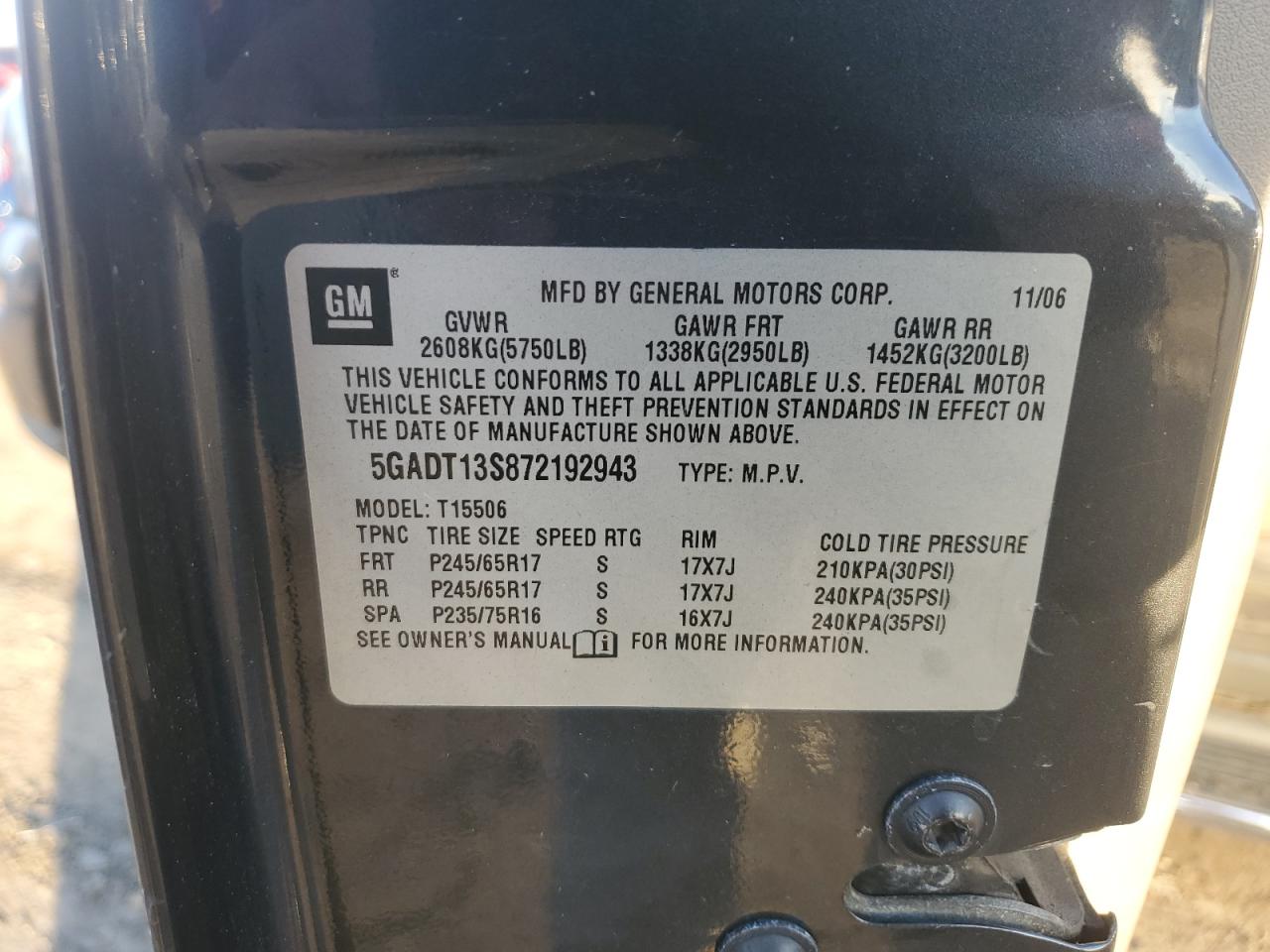 2007 Buick Rainier Cxl VIN: 5GADT13S872192943 Lot: 93572505