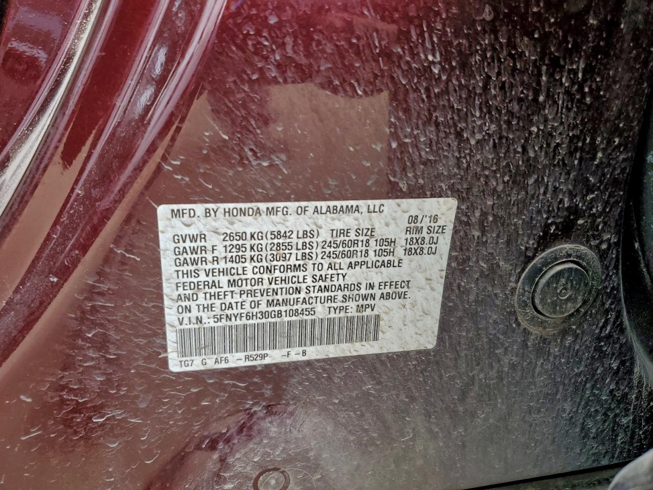 2016 Honda Pilot Ex VIN: 5FNYF6H30GB108455 Lot: 93123845