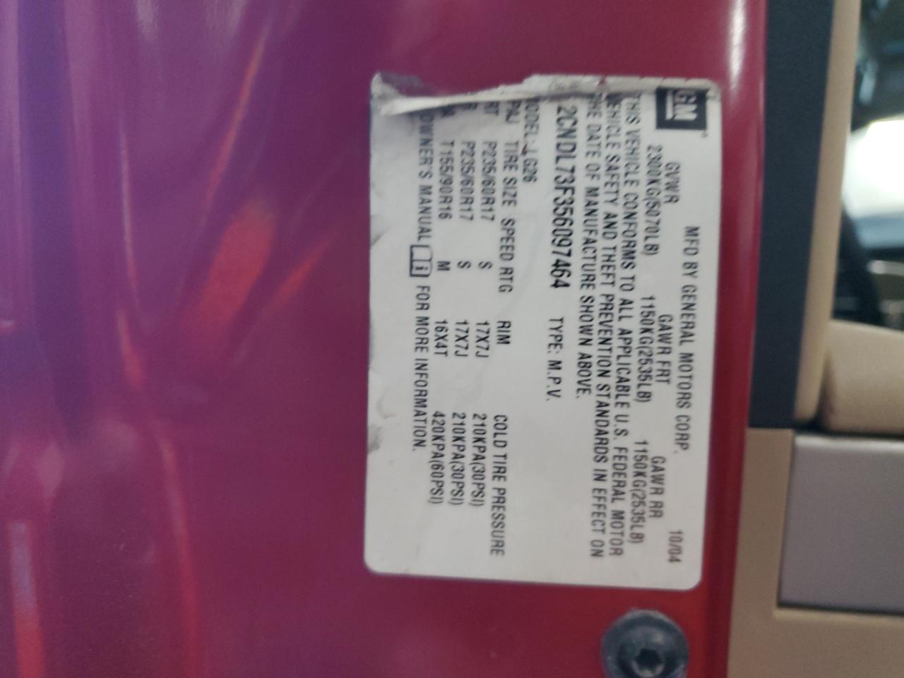 2005 Chevrolet Equinox Lt VIN: 2CNDL73F356097464 Lot: 92302685