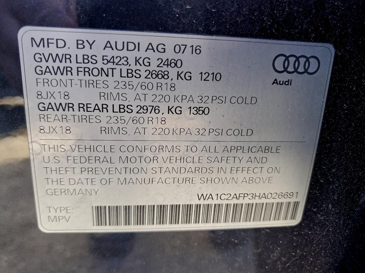 2017 Audi Q5 Premium VIN: WA1C2AFP3HA026691 Lot: 93952575