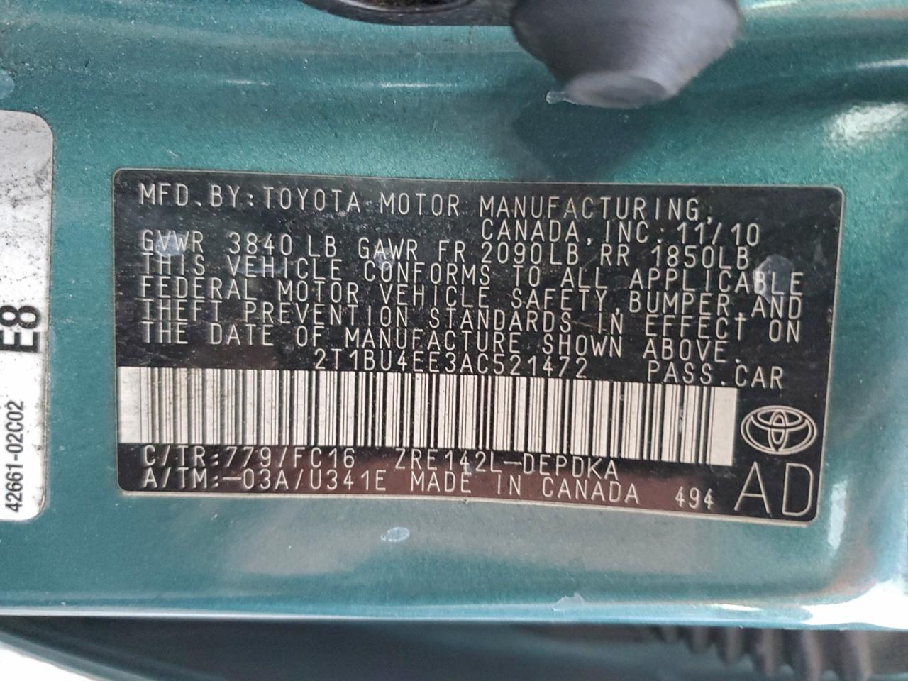 2010 Toyota Corolla Base VIN: 2T1BU4EE3AC521472 Lot: 94238775