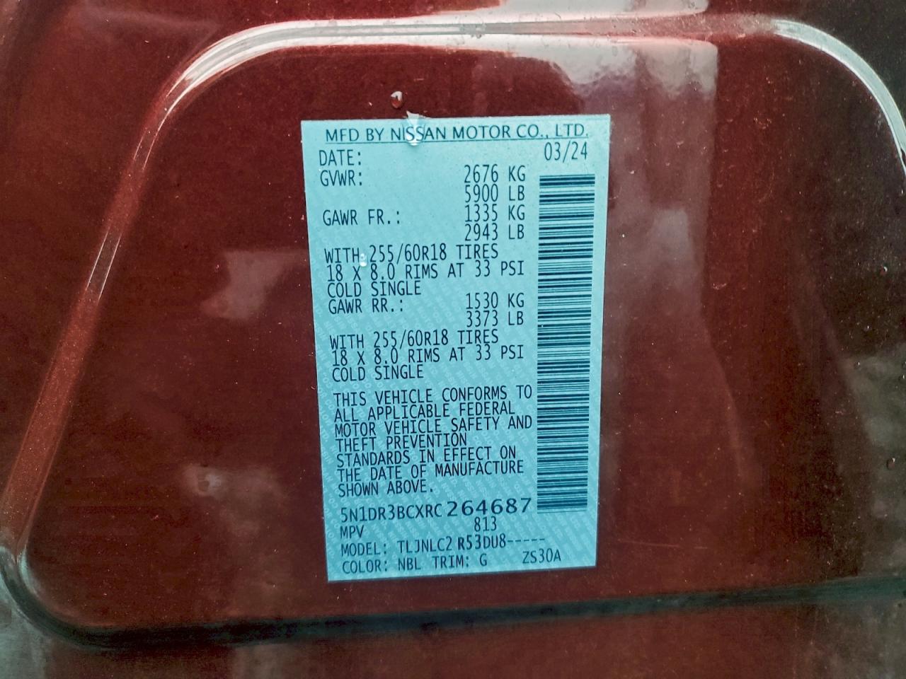 2024 Nissan Pathfinder Sv VIN: 5N1DR3BCXRC264687 Lot: 94567945