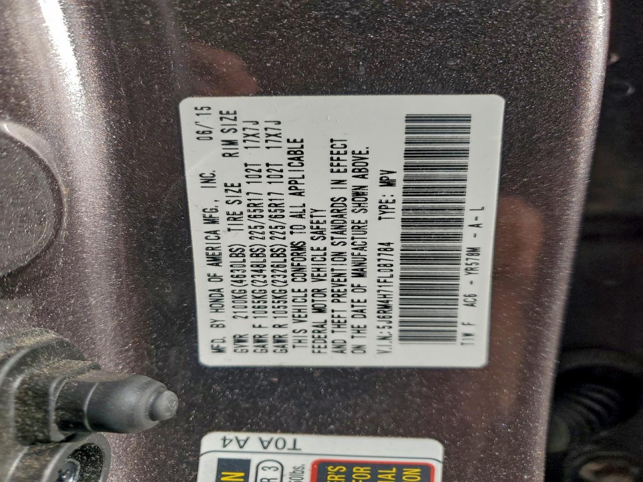 2015 Honda Cr-V Exl VIN: 5J6RM4H71FL087784 Lot: 93418025