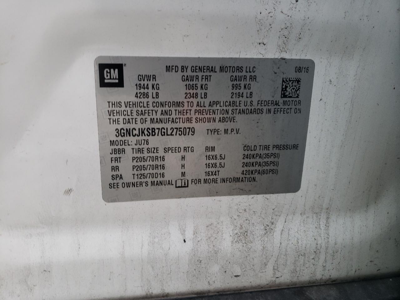 2016 Chevrolet Trax Ls VIN: 3GNCJKSB7GL275079 Lot: 91834065