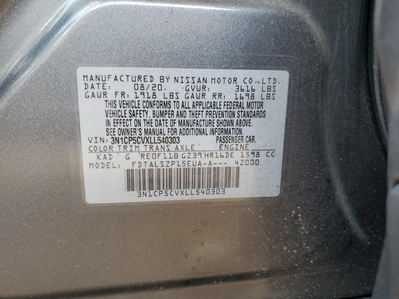 2020 Nissan Kicks Sv VIN: 3N1CP5CVXLL540303 Lot: 93349345