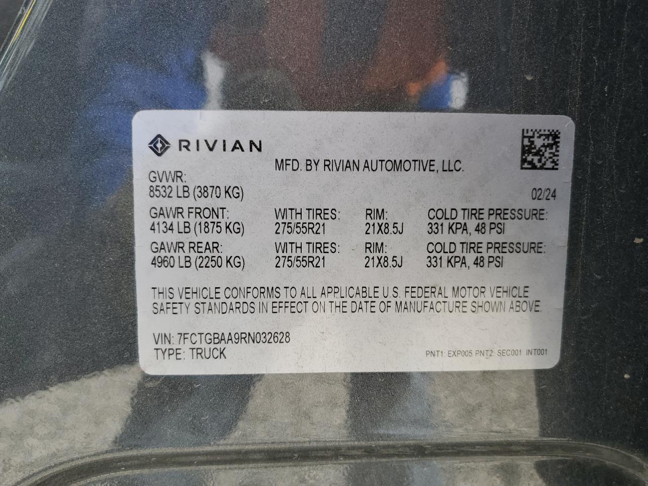 2024 Rivian R1T Adventure VIN: 7FCTGBAA9RN032628 Lot: 93317305