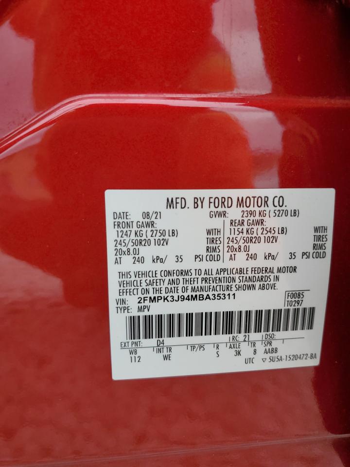 2021 Ford Edge Sel VIN: 2FMPK3J94MBA35311 Lot: 91822365