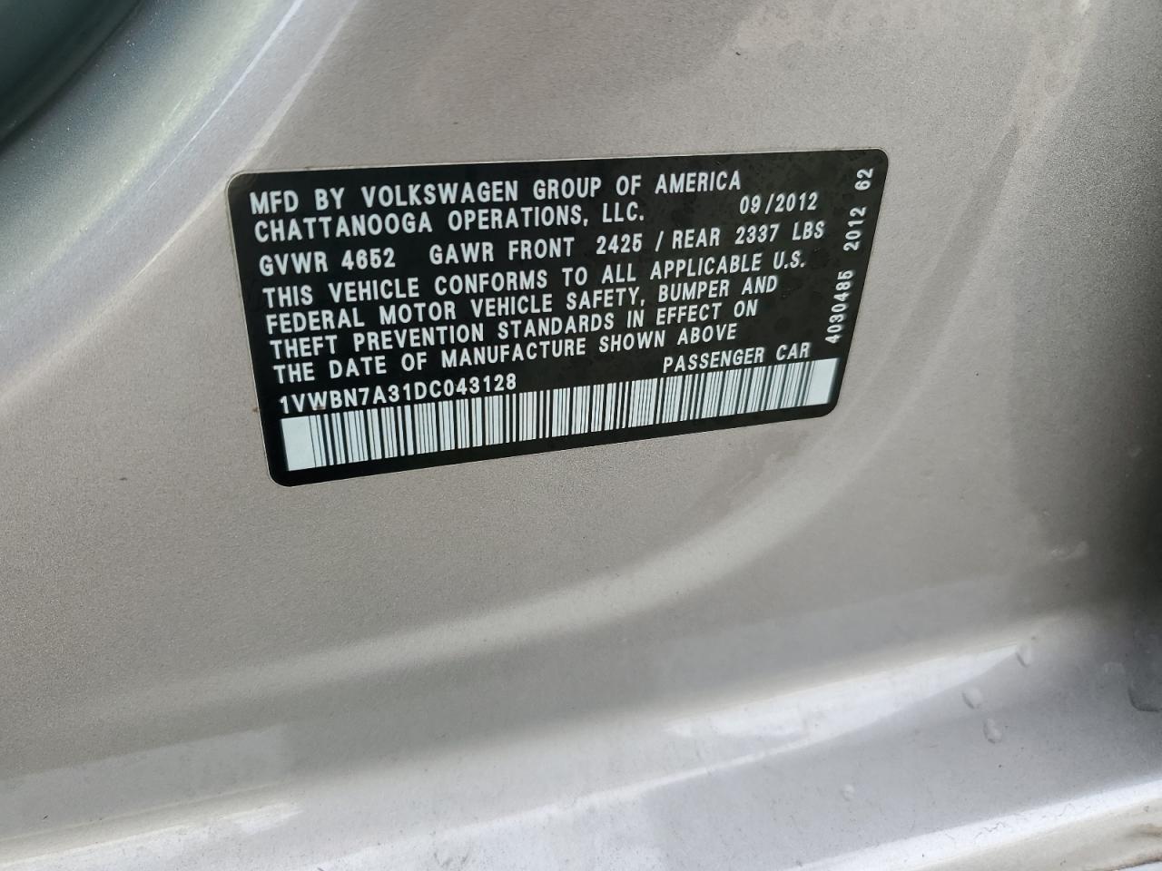 2013 Volkswagen Passat Se VIN: 1VWBN7A31DC043128 Lot: 93313295