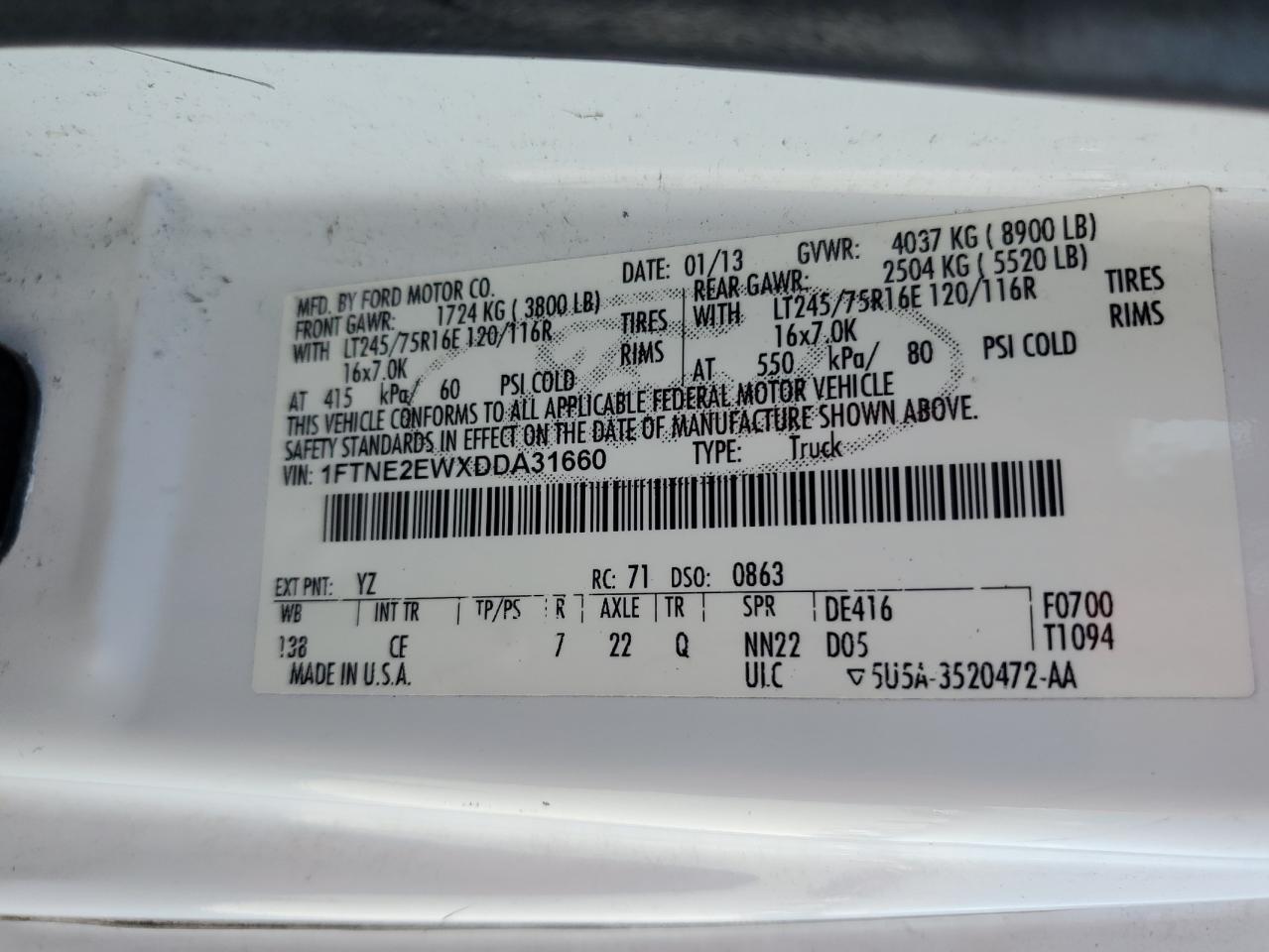 2013 Ford Econoline E250 Van VIN: 1FTNE2EWXDDA31660 Lot: 93025965