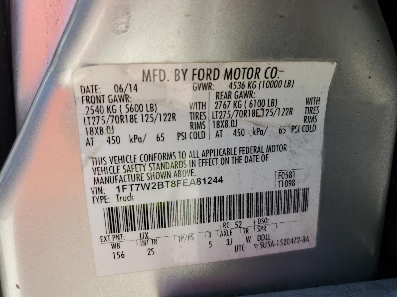 2015 Ford F250 Super Duty VIN: 1FT7W2BT8FEA81244 Lot: 91305805