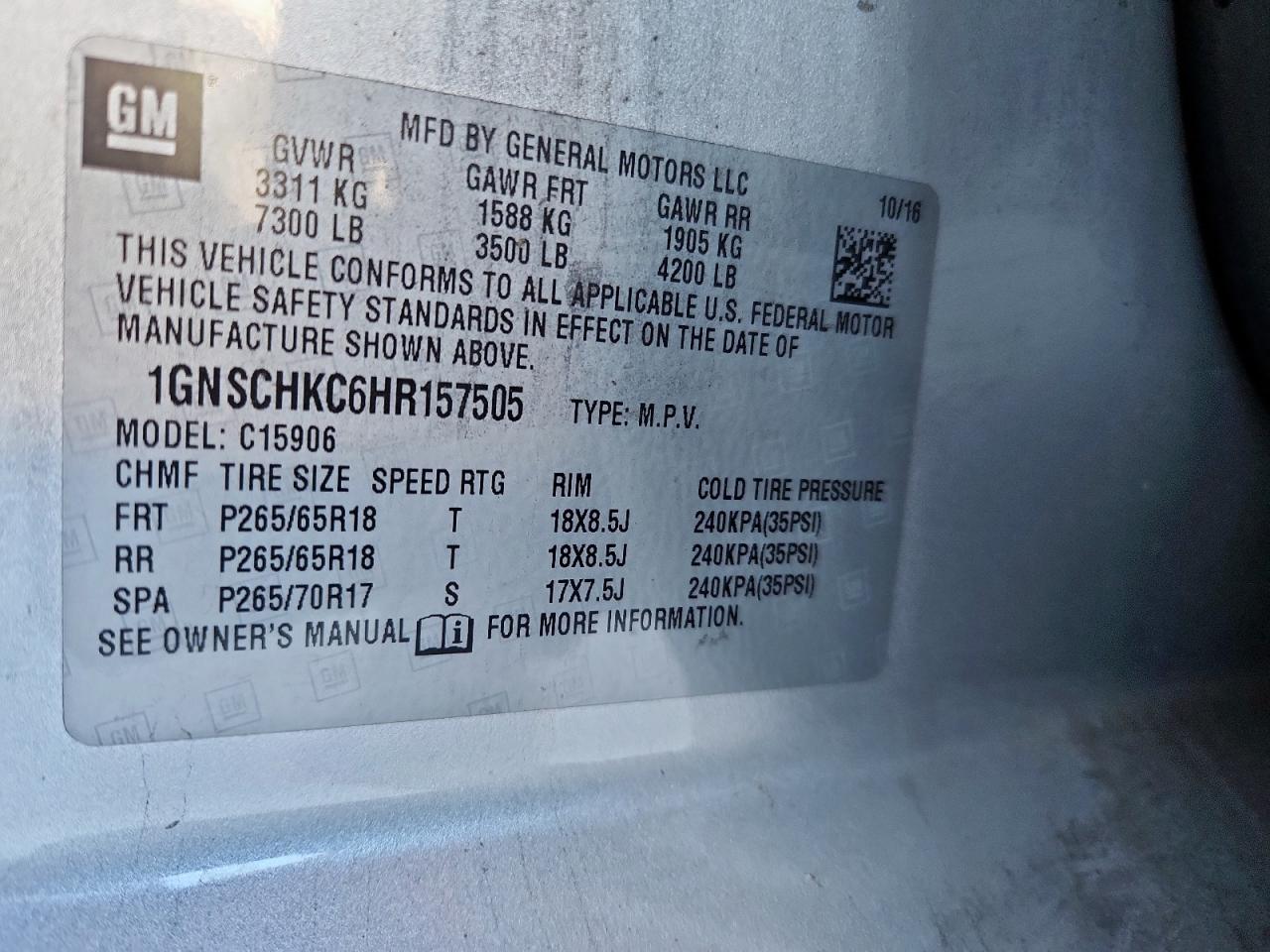 2017 Chevrolet Suburban C1500 Lt VIN: 1GNSCHKC6HR157505 Lot: 92344065