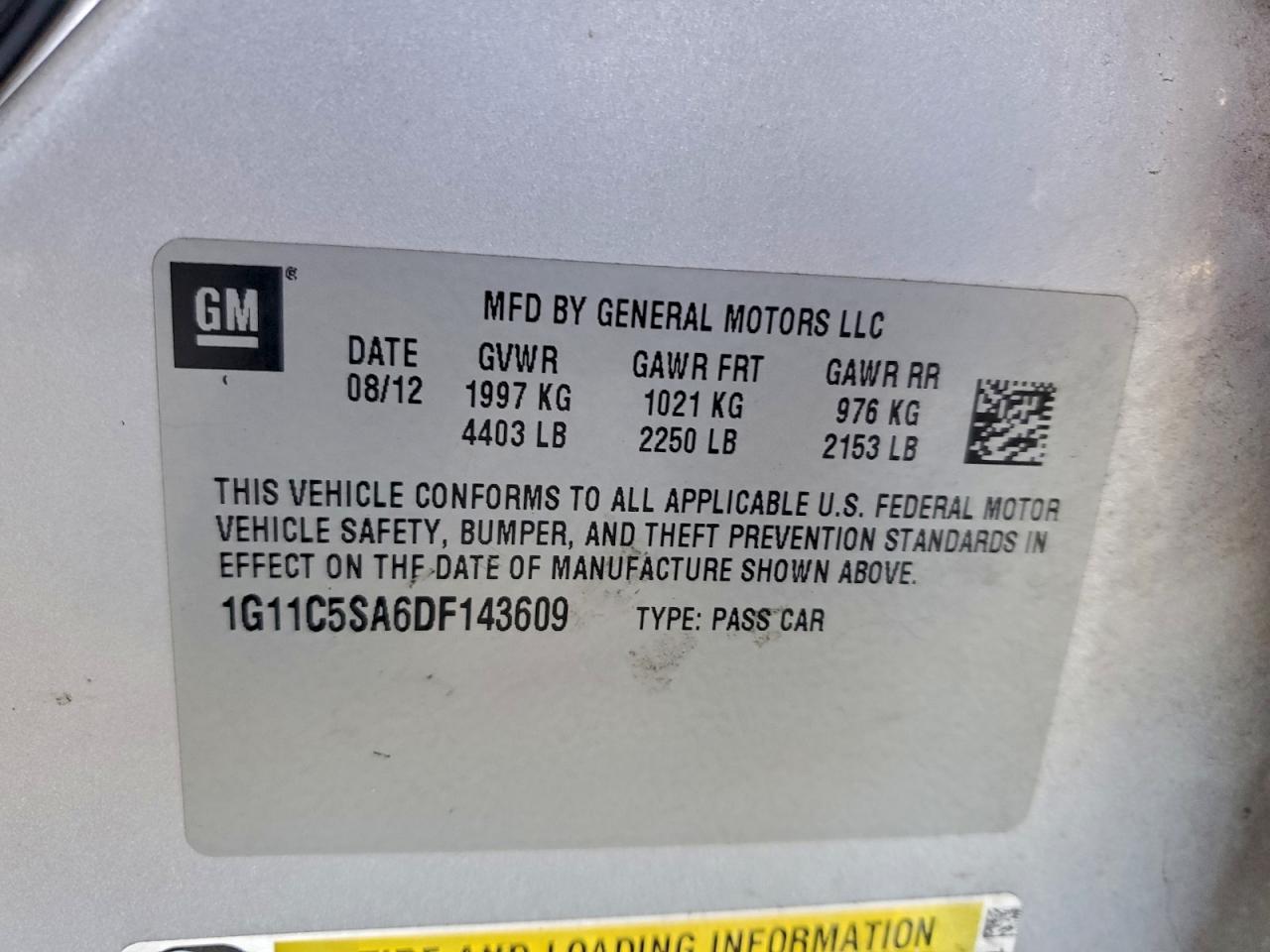 2013 Chevrolet Malibu 1Lt VIN: 1G11C5SA6DF143609 Lot: 94319865