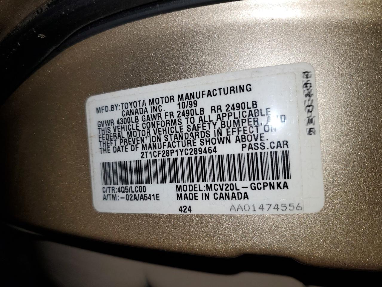 2000 Toyota Camry Solara Se VIN: 2T1CF28P1YC289464 Lot: 92156515