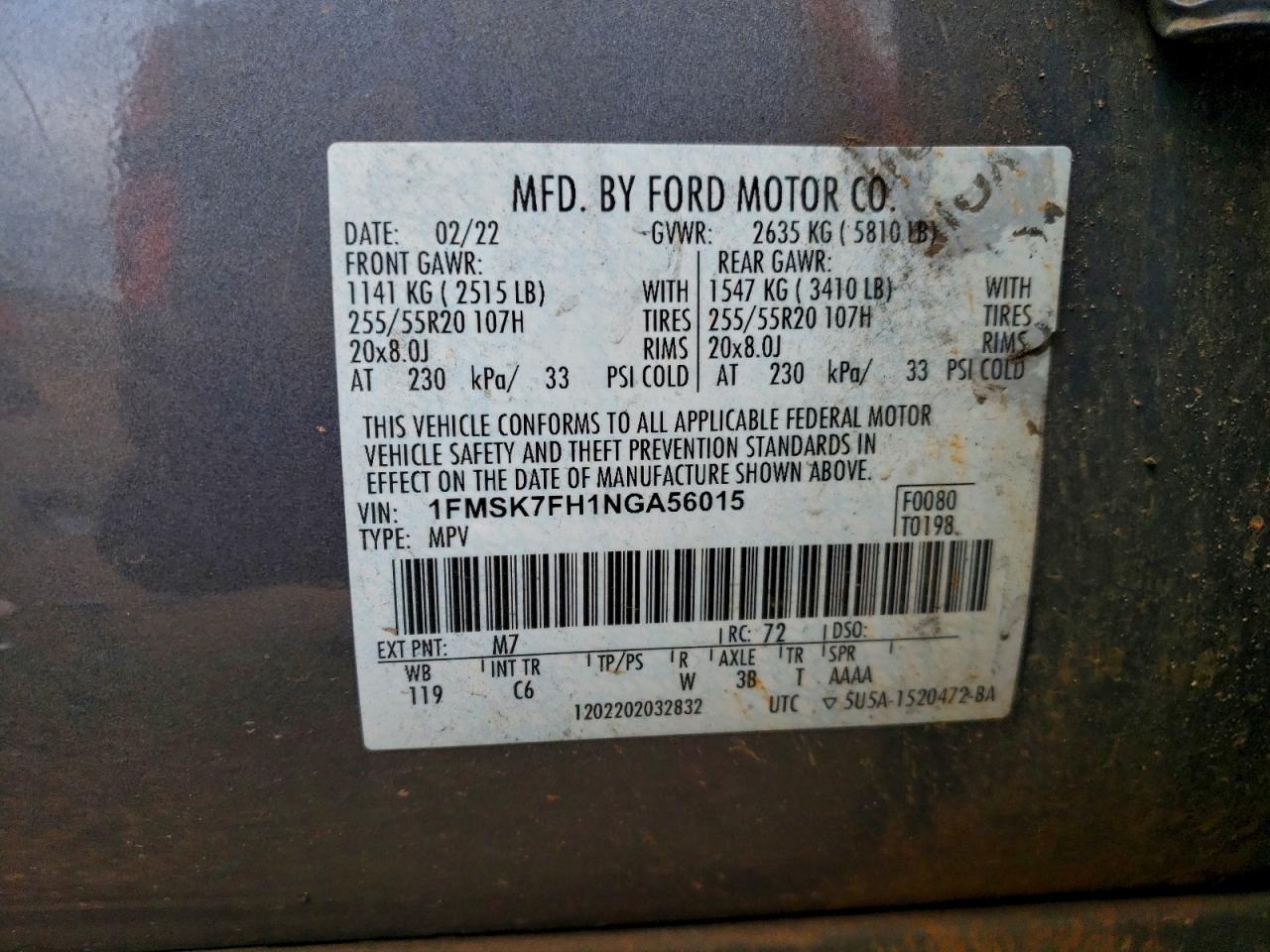 2022 Ford Explorer Limited VIN: 1FMSK7FH1NGA56015 Lot: 93665455