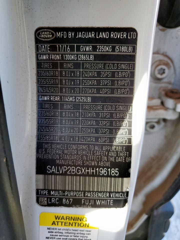 2017 Land Rover Range Rover Evoque Se VIN: SALVP2BGXHH196185 Lot: 92843965