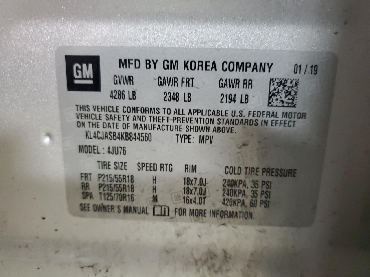 2019 Buick Encore Preferred VIN: KL4CJASB4KB844560 Lot: 92640085