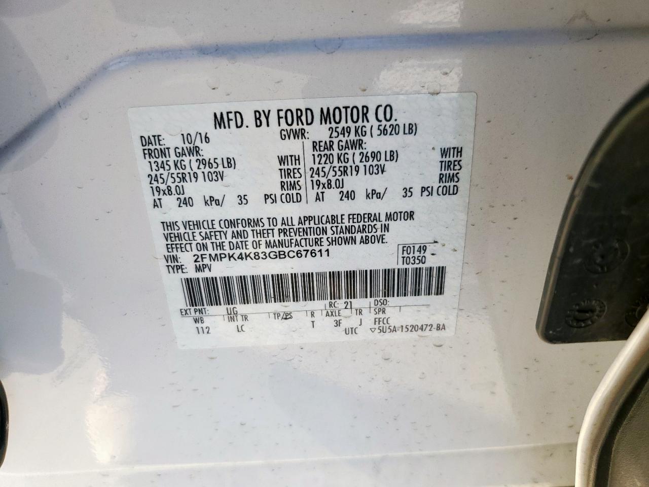 2016 Ford Edge Titanium VIN: 2FMPK4K83GBC67611 Lot: 91678215