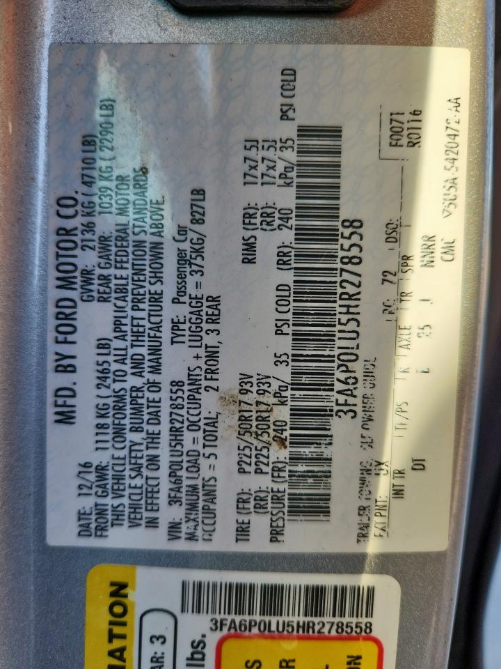 2017 Ford Fusion Se Hybrid VIN: 3FA6P0LU5HR278558 Lot: 93116115