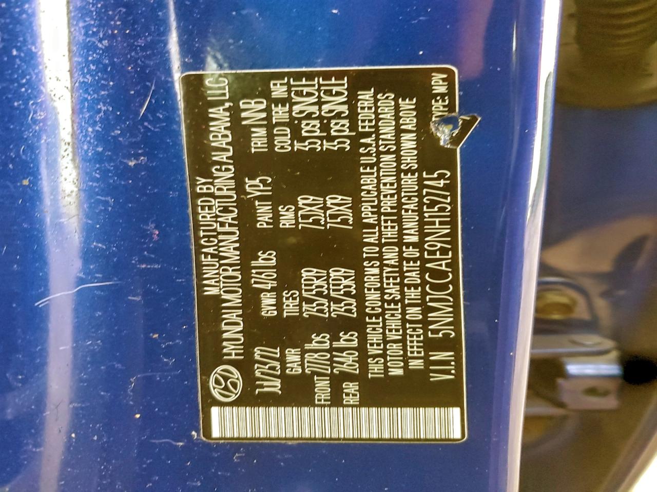 2022 Hyundai Tucson Sel VIN: 5NMJCCAE9NH152745 Lot: 94149385