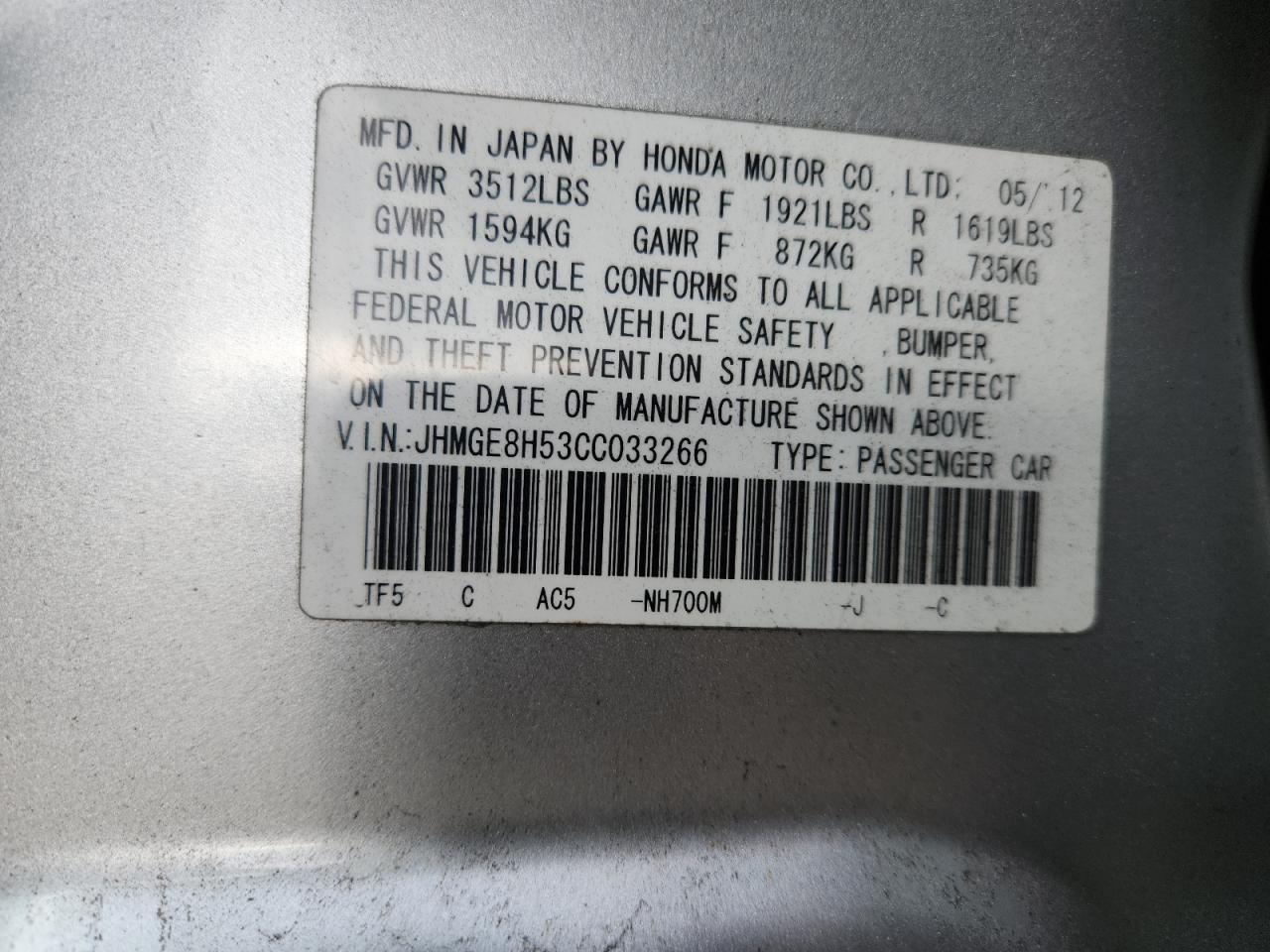 2012 Honda Fit Sport VIN: JHMGE8H53CC033266 Lot: 92044265