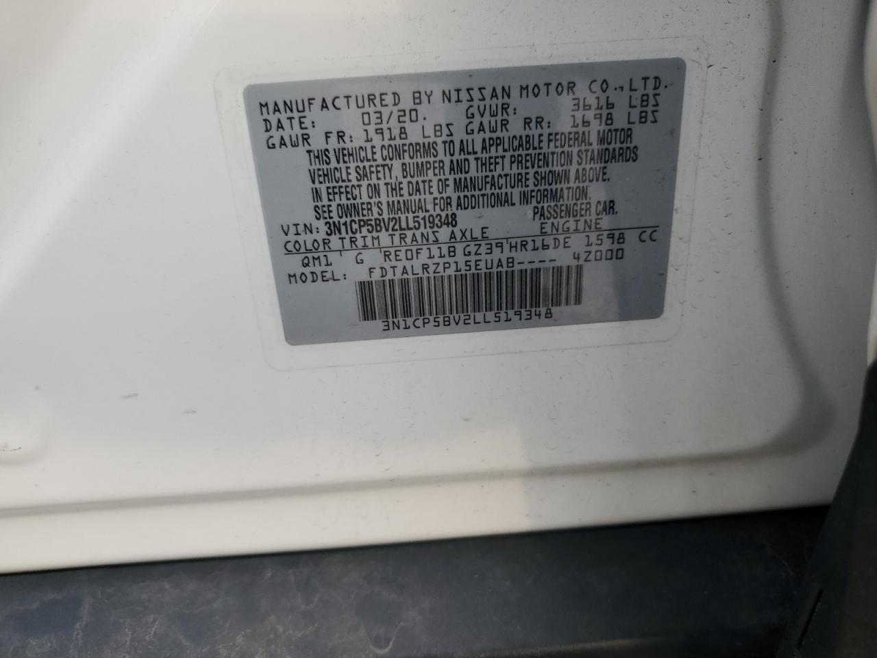 2020 Nissan Kicks S VIN: 3N1CP5BV2LL519348 Lot: 92748465