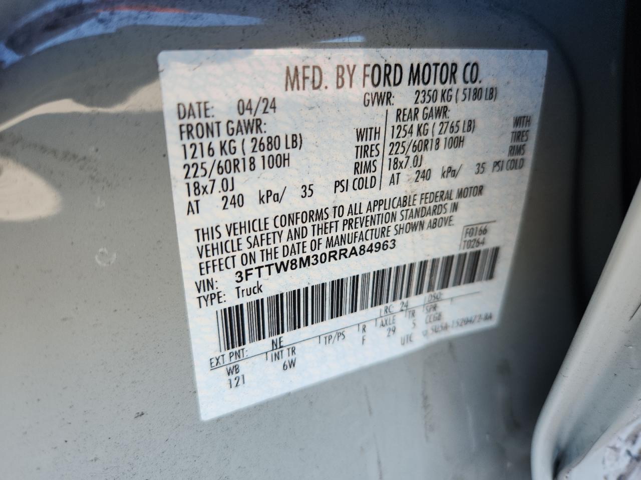 2024 Ford Maverick Lariat VIN: 3FTTW8M30RRA84963 Lot: 93308875