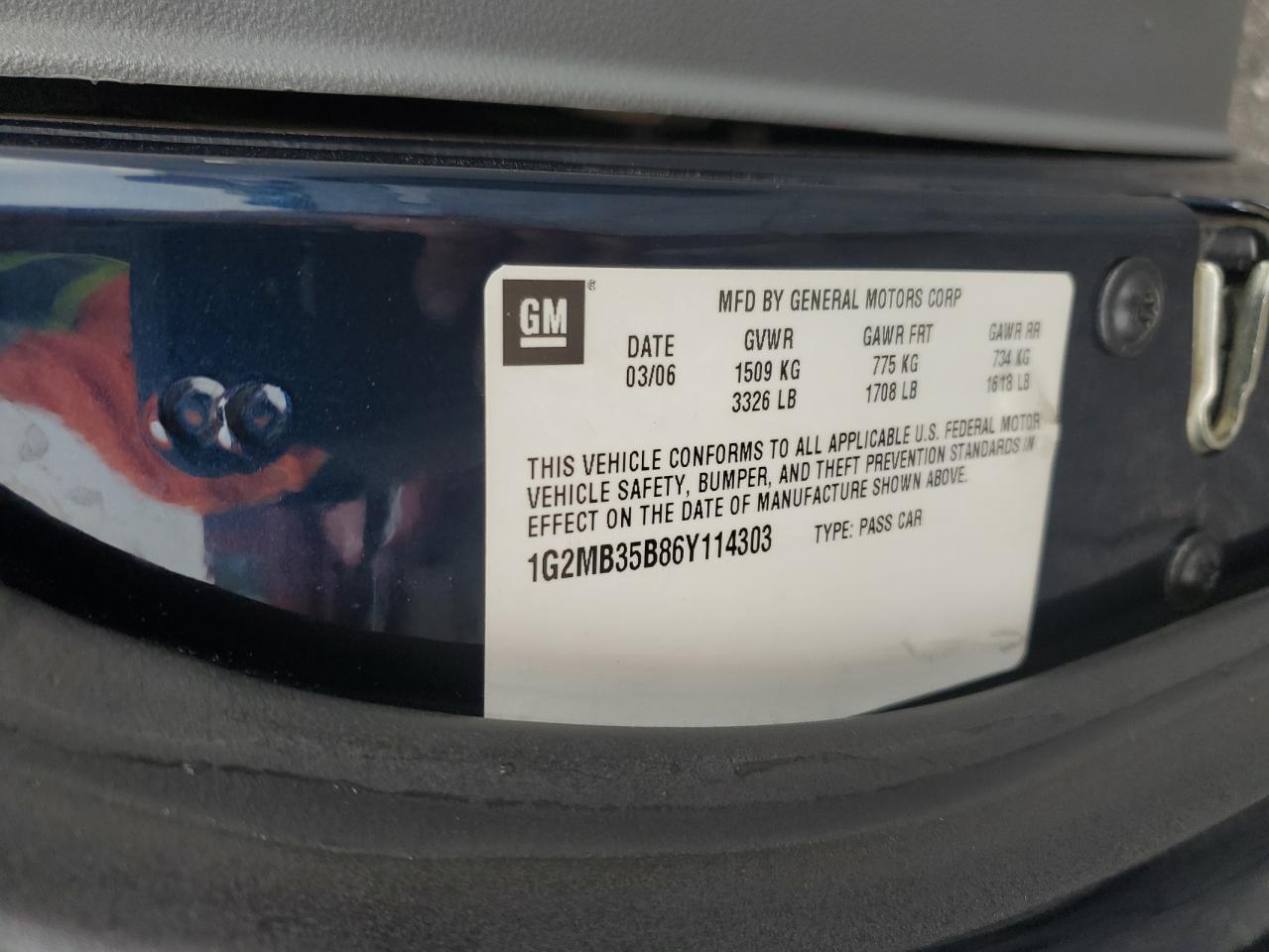 2006 Pontiac Solstice VIN: 1G2MB35B86Y114303 Lot: 92733975