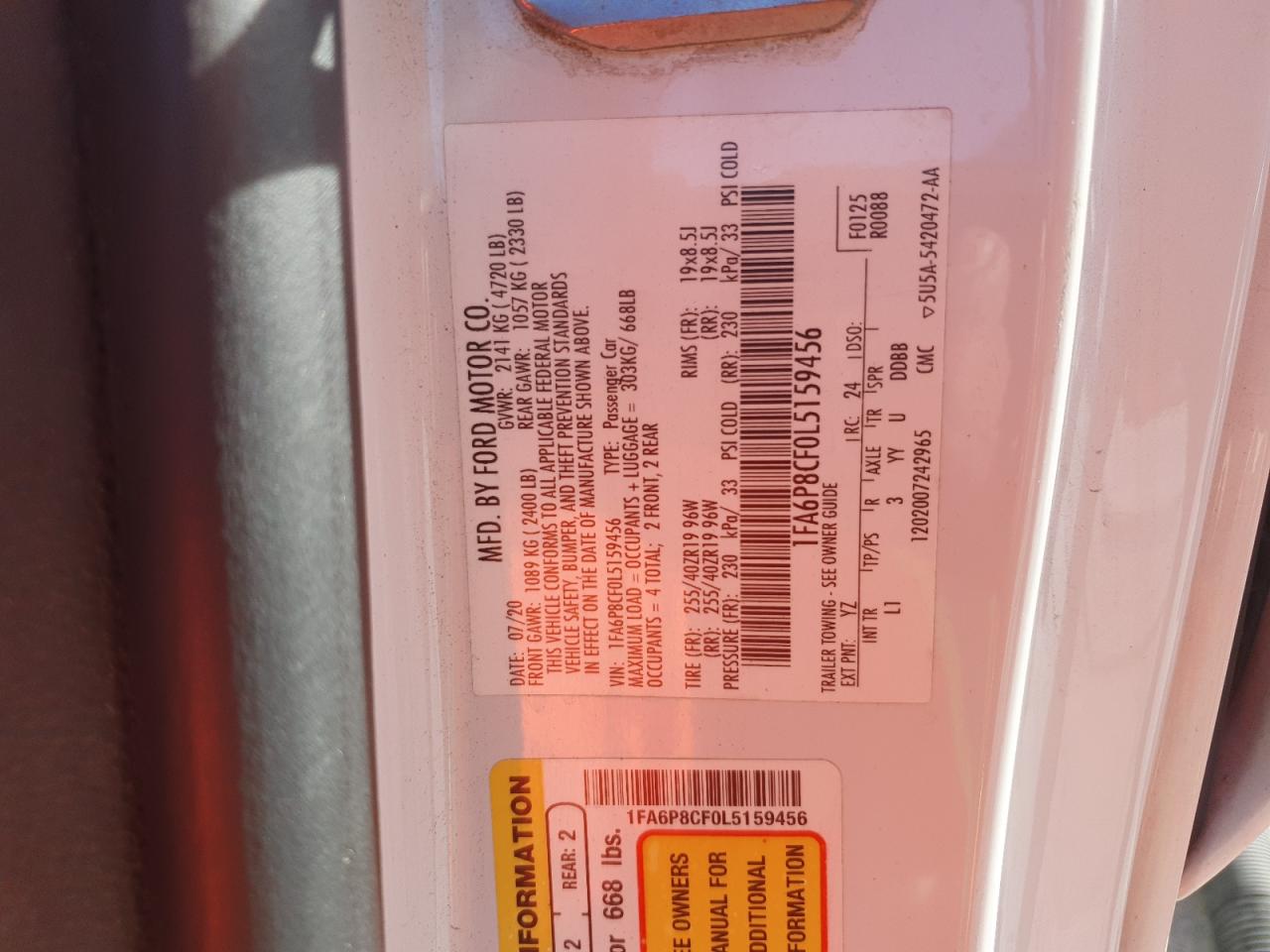 2020 Ford Mustang Gt VIN: 1FA6P8CF0L5159456 Lot: 92817475